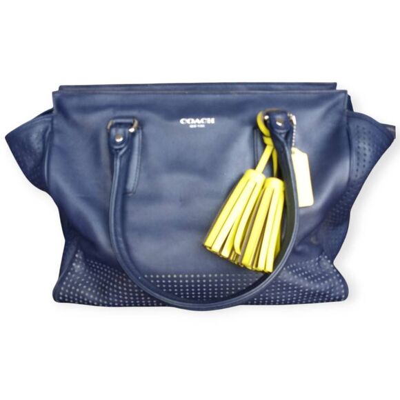 Coach VINTAGE Y2K Legacy Perforated Navy Blue & Bright Citrine Accents Tote Shou - Picture 2 of 16